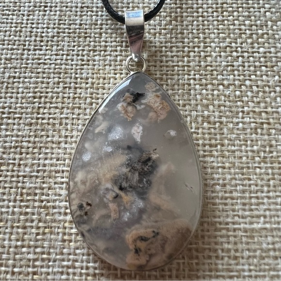 New Tiger Dendrite Dendritic Agate Stone Silver Overlay Pendant Necklace w Cord - Picture 1 of 5